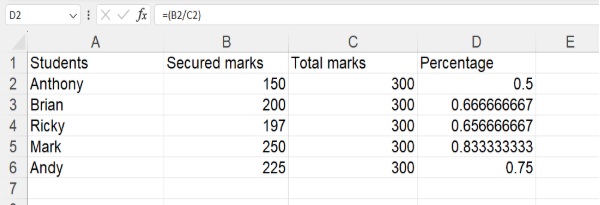 excel percentage formula